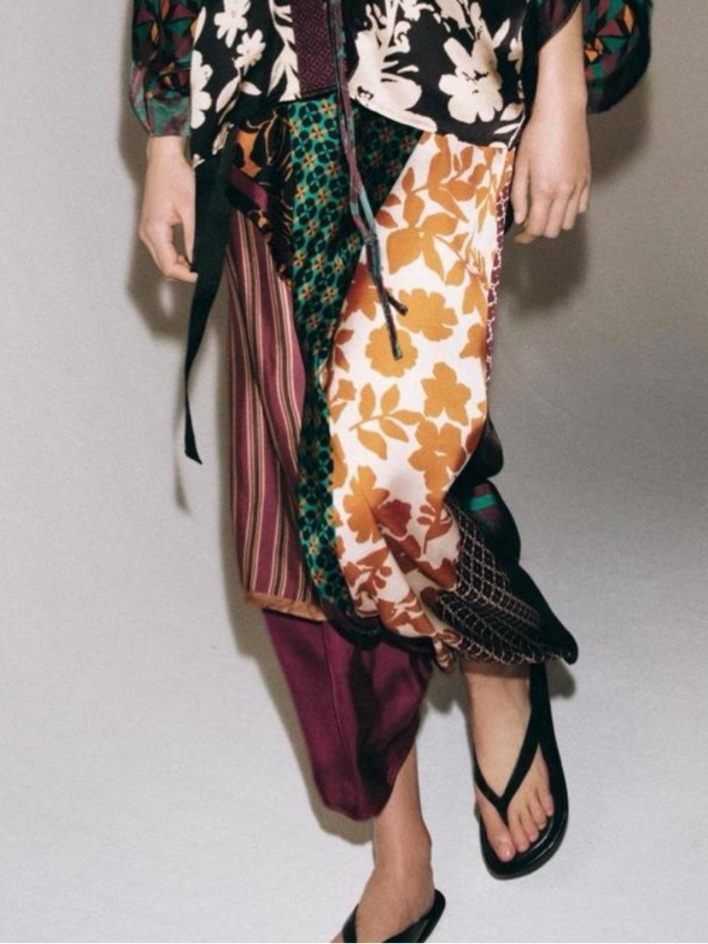 Zara Mixed-Print Maxi Skirt in Burgundy, Mustard and Green